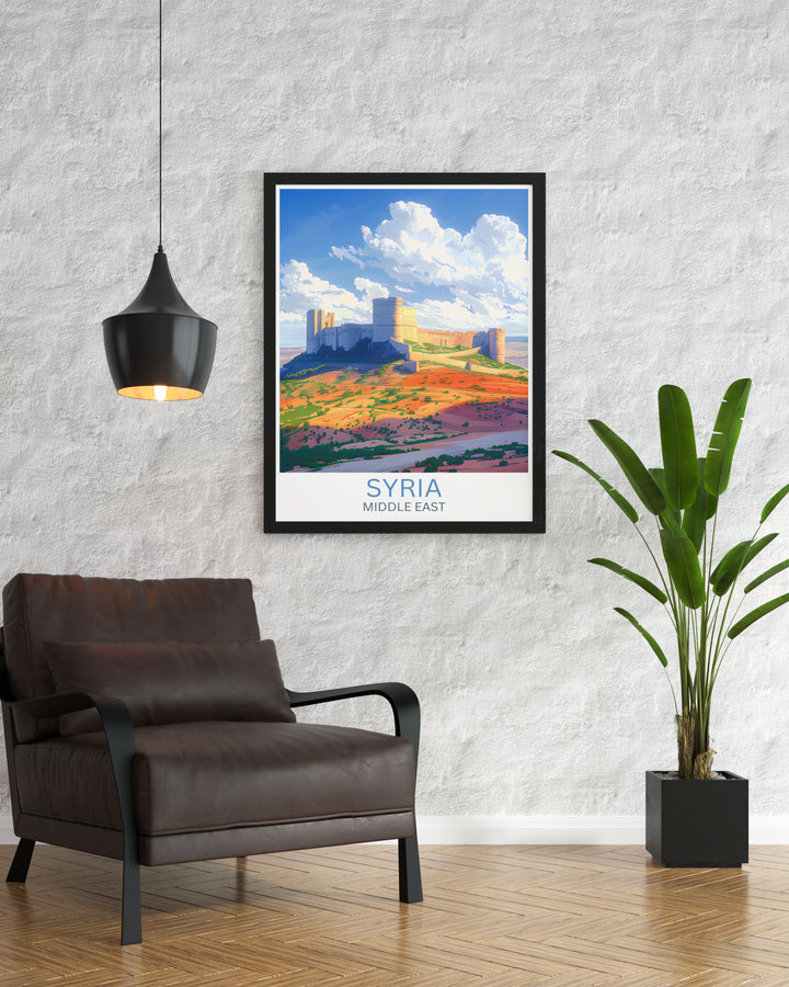 Exquisite Syria travel print featuring detailed illustrations of the countrys landmarks and landscapes, celebrating the diverse cultural heritage of the Middle East, perfect for personalizing your space or giving as a thoughtful gift for special occasions.