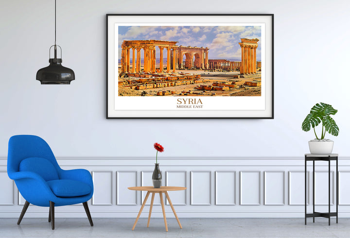 Detailed custom print of Palmyra offering a personalized and unique addition to your home decor, with intricate illustrations of the ancient ruins and architectural beauty of the city, making it a perfect personalized gift for special occasions such as anniversaries and birthdays.