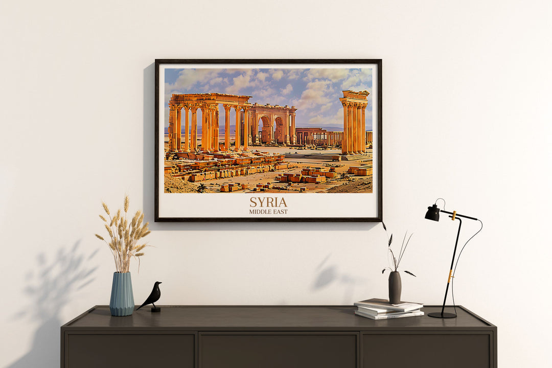 Detailed Palmyra art print capturing the ancient ruins and architectural splendor of the UNESCO World Heritage site, showcasing the majestic columns and intricate carvings set against the expansive desert backdrop, perfect for history enthusiasts and art lovers alike.