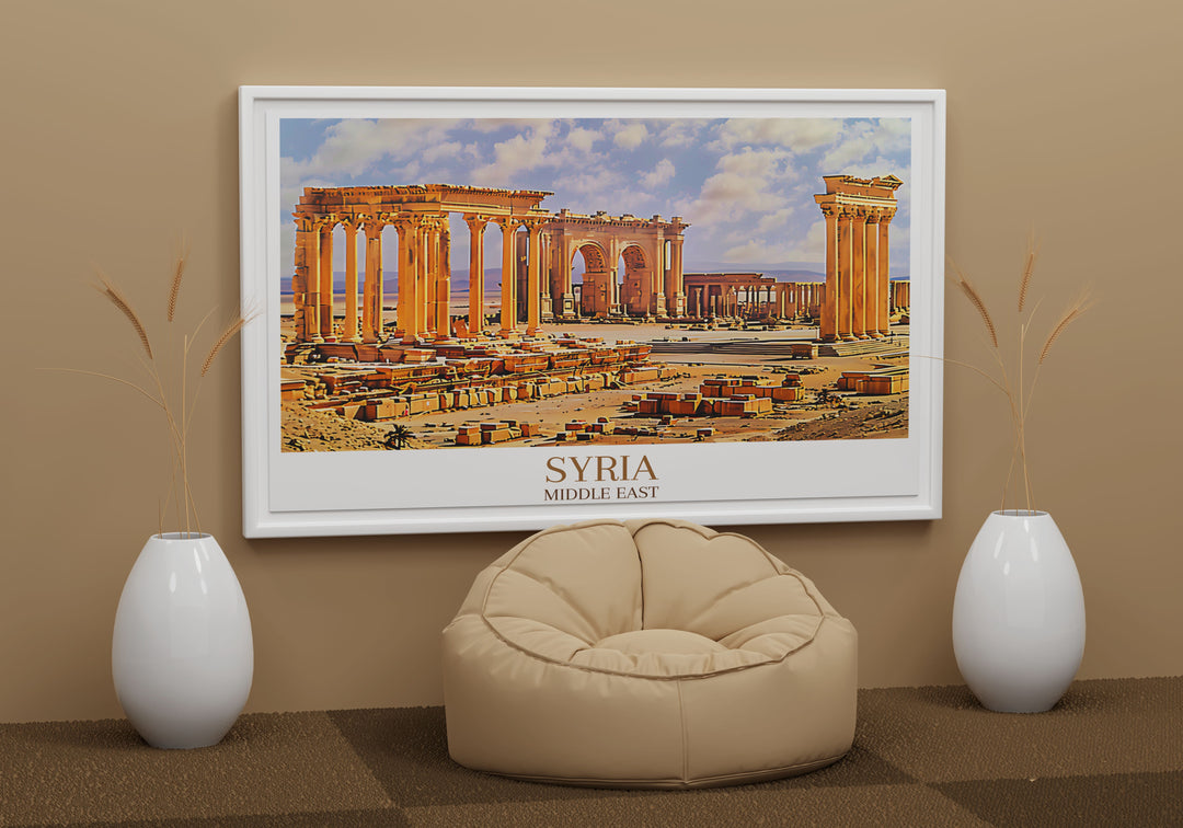 Stunning vintage poster of Palmyra highlighting the cultural and historical significance of the ancient city, with detailed depictions of the towering columns and expansive landscape, perfect for those who appreciate the blend of history and art in their home decor.