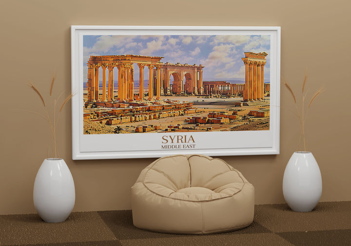 Stunning vintage poster of Palmyra highlighting the cultural and historical significance of the ancient city, with detailed depictions of the towering columns and expansive landscape, perfect for those who appreciate the blend of history and art in their home decor.