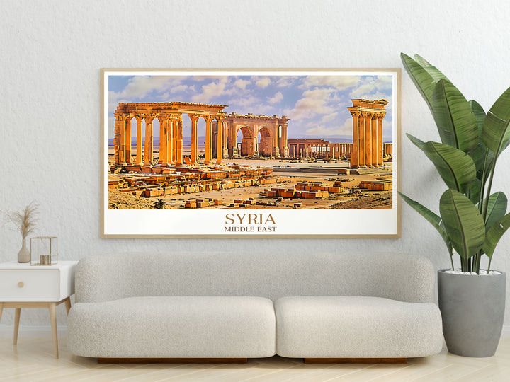 Captivating Syria gallery wall art featuring Palmyra, showcasing the beauty and historical importance of the ancient city, with intricate details and vibrant colors that bring the ruins to life, perfect for enhancing your home with Middle Eastern cultural heritage.