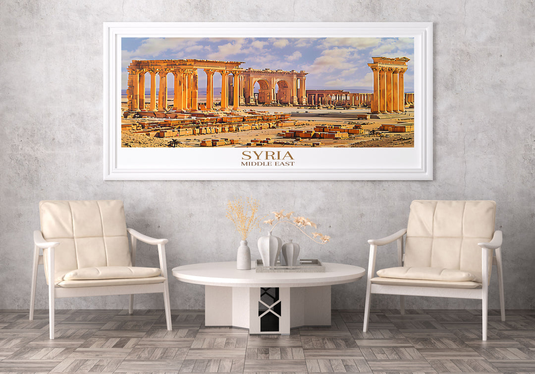 Palmyra travel poster print capturing the essence of the ancient city, with detailed artwork illustrating the iconic landmarks and expansive desert backdrop, ideal for those who love travel themed decor and want to bring a piece of exotic destinations into their home.