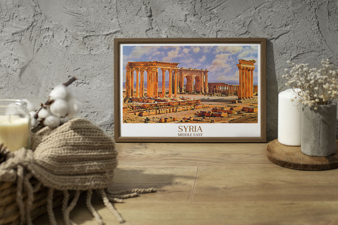 Elegant Middle Eastern vintage poster of Palmyra, celebrating the rich cultural and architectural heritage of Syria, with detailed illustrations of the ancient ruins and majestic columns, perfect for adding a touch of historical sophistication to your living space.