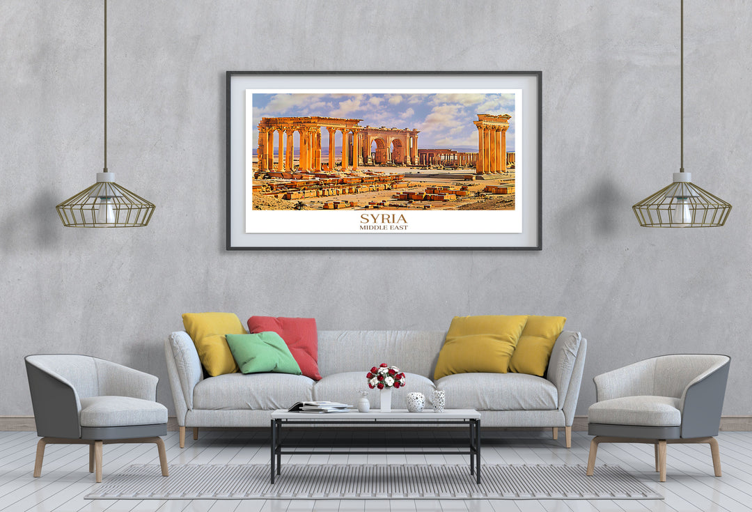 Syria wall art featuring the ancient city of Palmyra, showcasing the grandeur of its architectural splendor and historical significance, with detailed depictions of the ruins and expansive landscape, ideal for history enthusiasts and art lovers looking to enhance their decor.