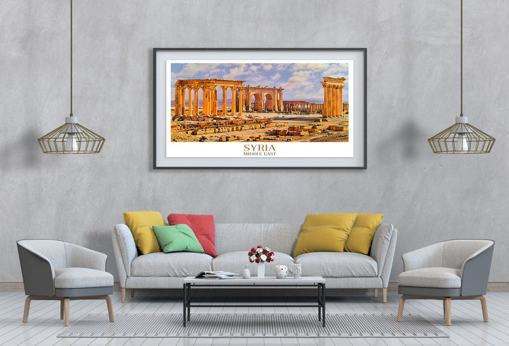 Syria wall art featuring the ancient city of Palmyra, showcasing the grandeur of its architectural splendor and historical significance, with detailed depictions of the ruins and expansive landscape, ideal for history enthusiasts and art lovers looking to enhance their decor.