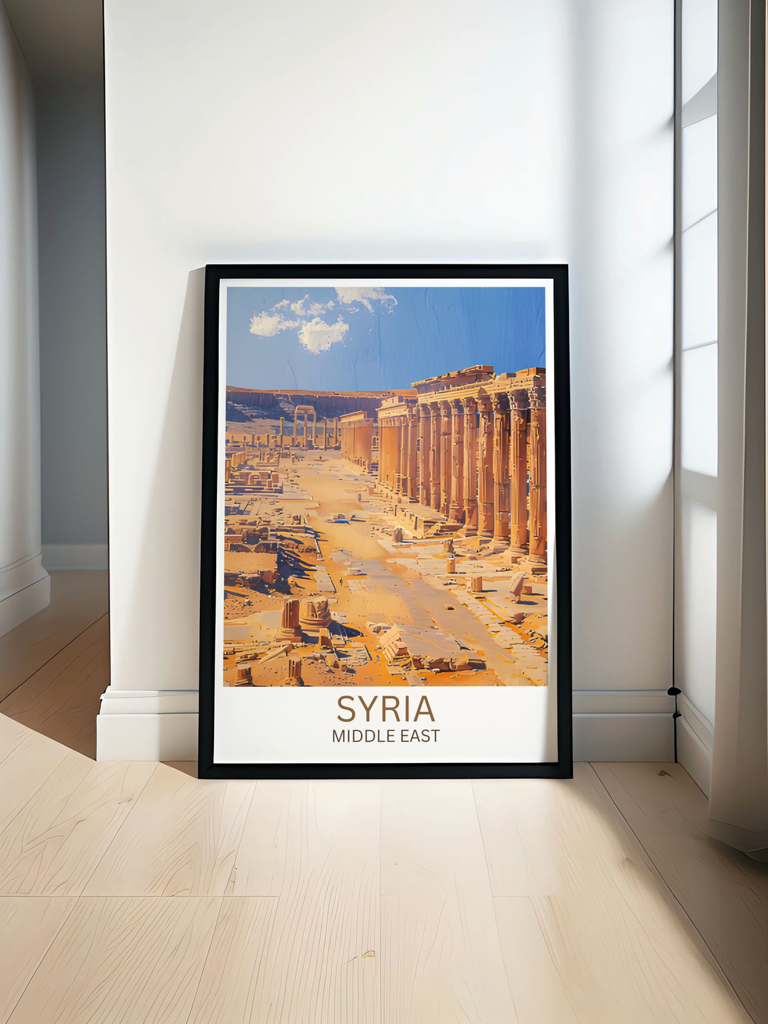 Palmyra poster capturing the sunlit ruins of ancient temples, perfect for adding a touch of historical elegance to any room decor.