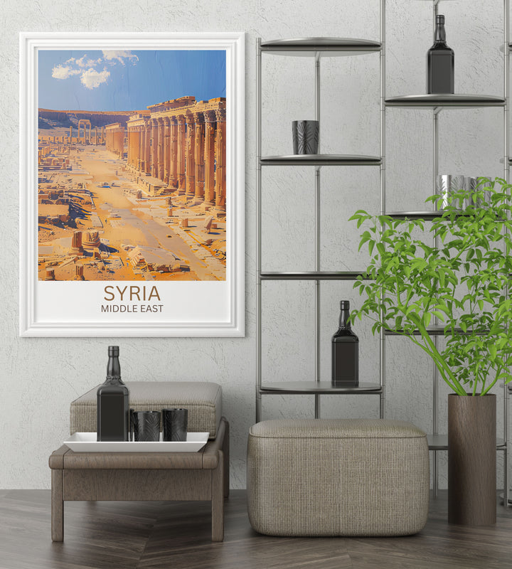Vintage style Syria travel print showcasing the iconic ruins of Palmyra, suitable for collectors and lovers of archaeological landmarks.