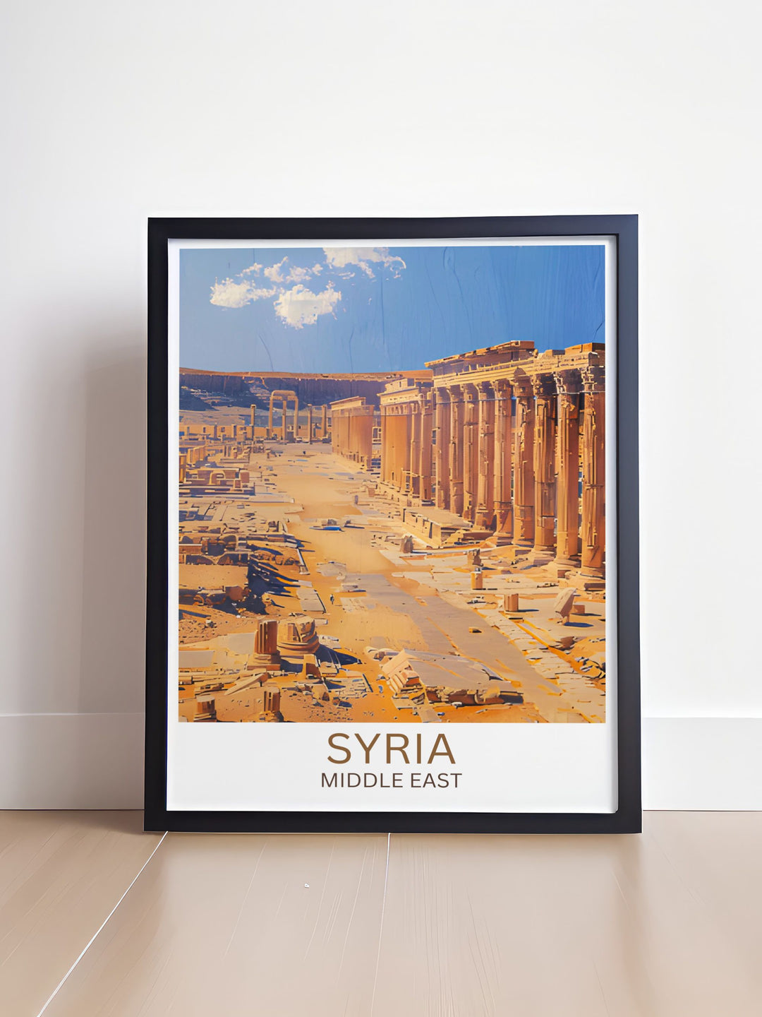 Art print of Damascus skyline, highlighting the blend of modern and ancient architecture, ideal for enthusiasts of Middle Eastern culture.