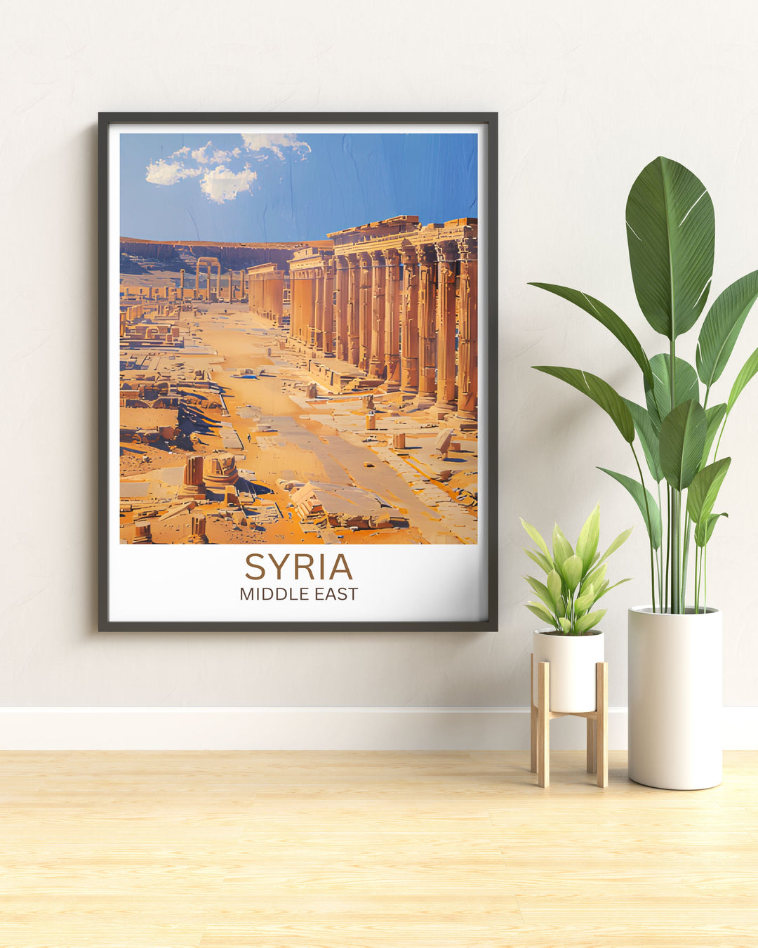 Syria art print featuring Palmyras historical sites, ideal for adding a touch of ancient civilization to your gallery wall.