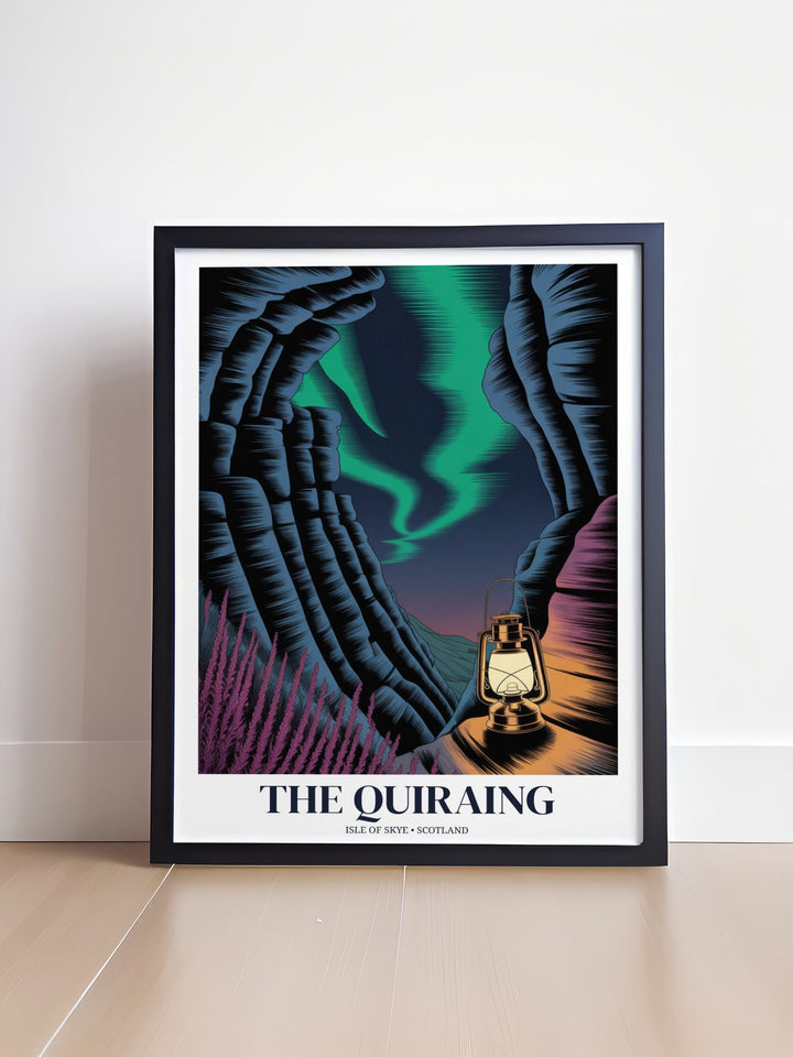 A vertical travel poster of Isle of Skye, highlighting the unique perspective looking up the glen, framed by dramatic black cliffs and a colorful emerald aurora.