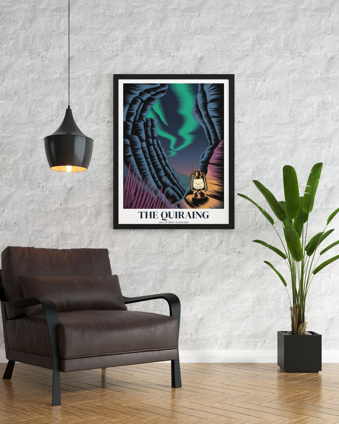 Modern-vintage MapYourDreams poster of the Isle of Skye at midnight, with a single glowing brass lantern on a path near the towering Quiraing cliffs.