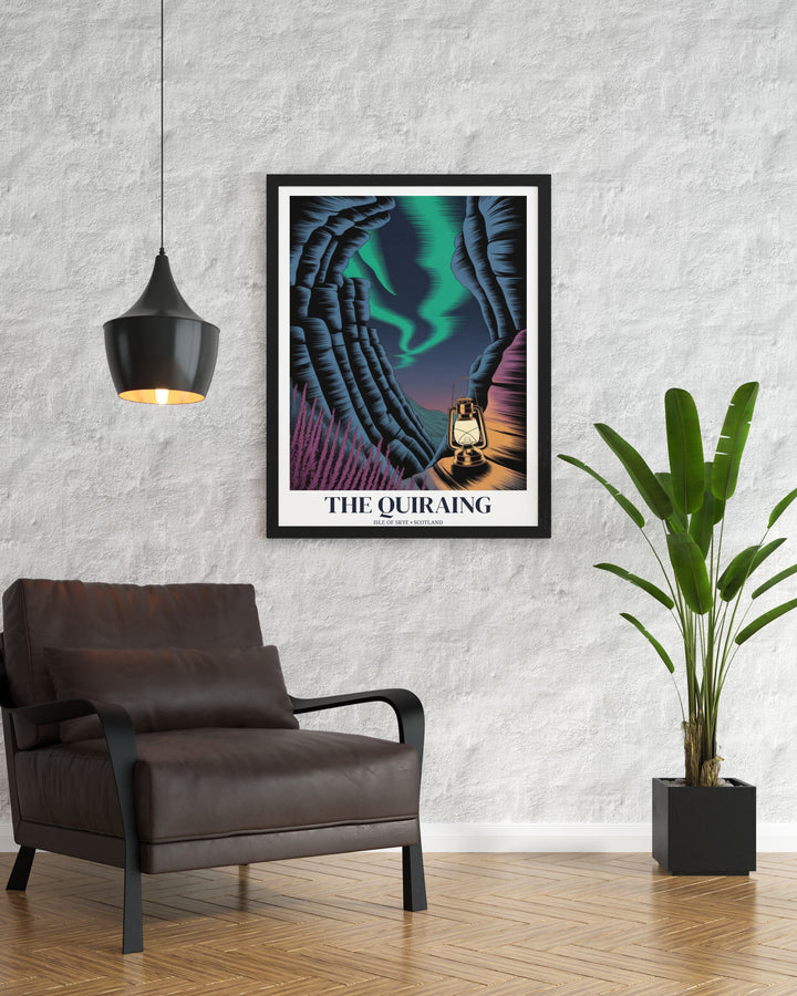 Modern-vintage MapYourDreams poster of the Isle of Skye at midnight, with a single glowing brass lantern on a path near the towering Quiraing cliffs.