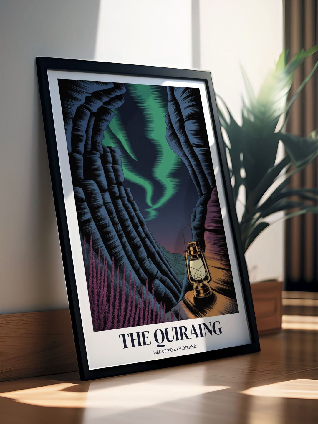 A dramatic art print of The Quiraing, Isle of Skye, featuring towering rock cliffs and vibrant Aurora Borealis in an emerald night sky with an isolated lantern.