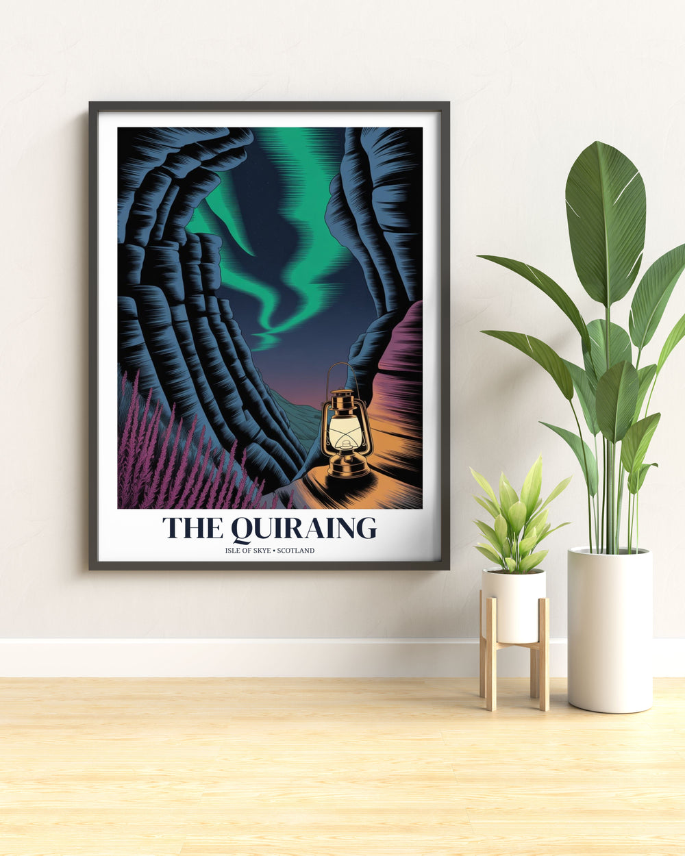 A vertical travel poster of Isle of Skye, highlighting the unique perspective looking up the glen, framed by dramatic black cliffs and a colorful emerald aurora.