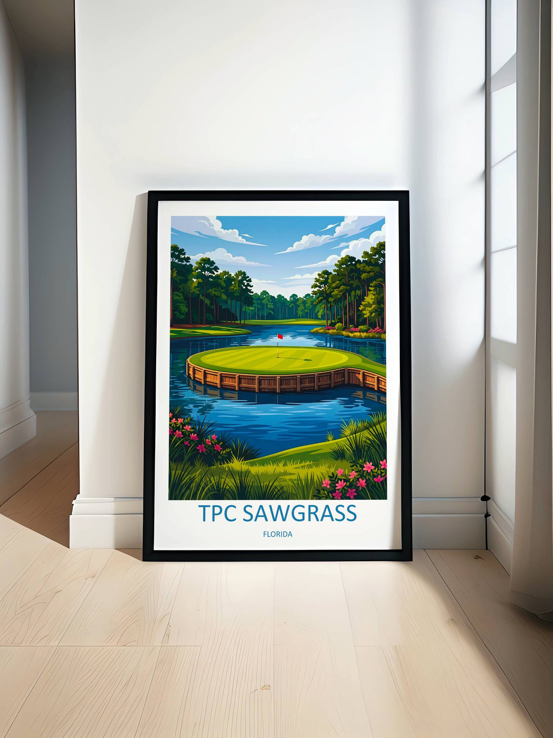 Contemporary graphic print honoring the historic island green, displaying high-definition tree lines, a red flagstick shadow, available as a ready to hang canvas for design-conscious buyers.