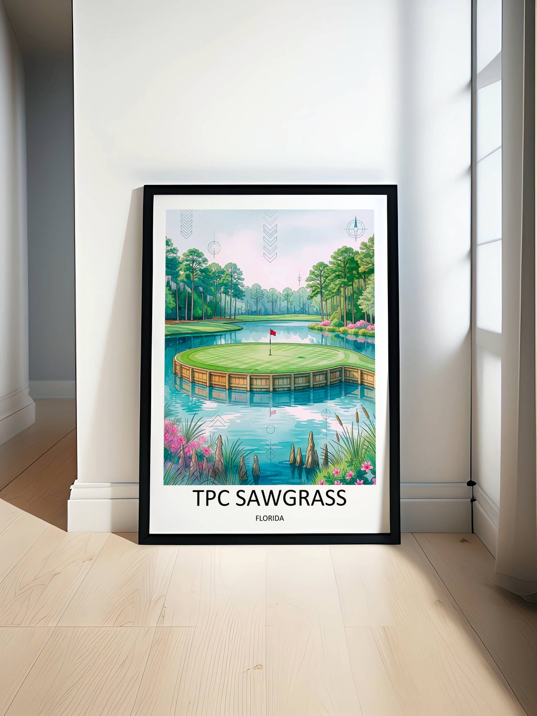 Iconic TPC Sawgrass 17th island green wall art in watercolor, capturing the high-pressure par-3 hole, perfect framed or canvas golf decor for a home office, man cave, or club lounge.