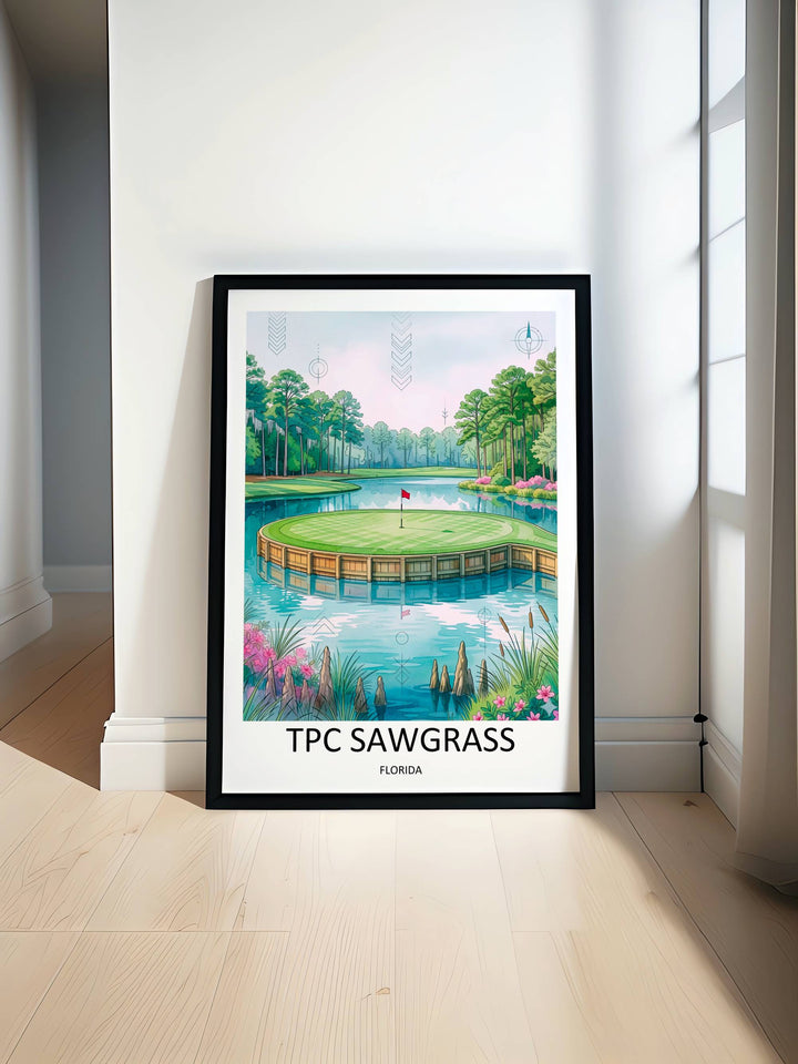 Iconic TPC Sawgrass 17th island green wall art in watercolor, capturing the high-pressure par-3 hole, perfect framed or canvas golf decor for a home office, man cave, or club lounge.