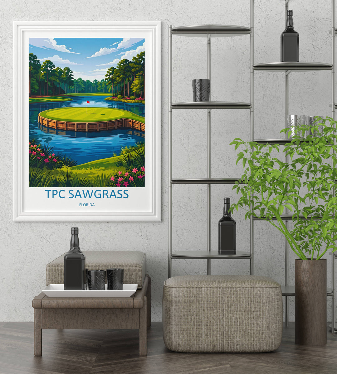 TPC Sawgrass graphic print on heavy 220gsm paper, emphasizing a classic landscape design of the island green with a smooth glare-free finish suitable for an executive office layout.