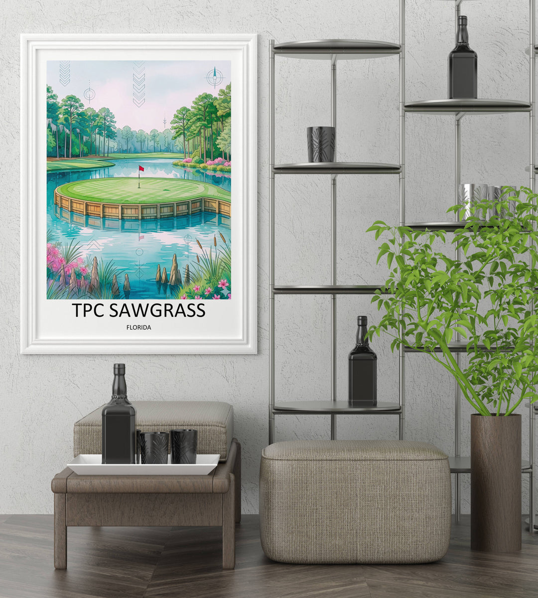 Detailed TPC Sawgrass 17th hole artwork featuring Spanish moss draped pines, pink azalea blooms, and cypress knees framing the island green, a colorful Florida golf poster for any room.