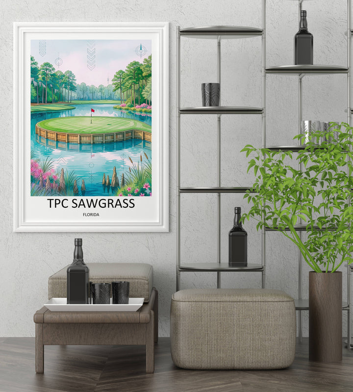 Detailed TPC Sawgrass 17th hole artwork featuring Spanish moss draped pines, pink azalea blooms, and cypress knees framing the island green, a colorful Florida golf poster for any room.