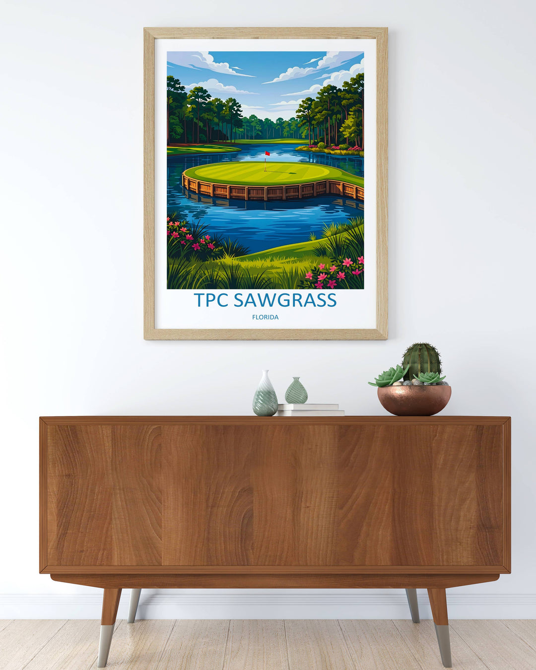 High-end golf gift poster showcasing the 17th hole island green at Ponte Vedra Beach, framed beautifully with a wide white border block and minimal typography text for modern homes.
