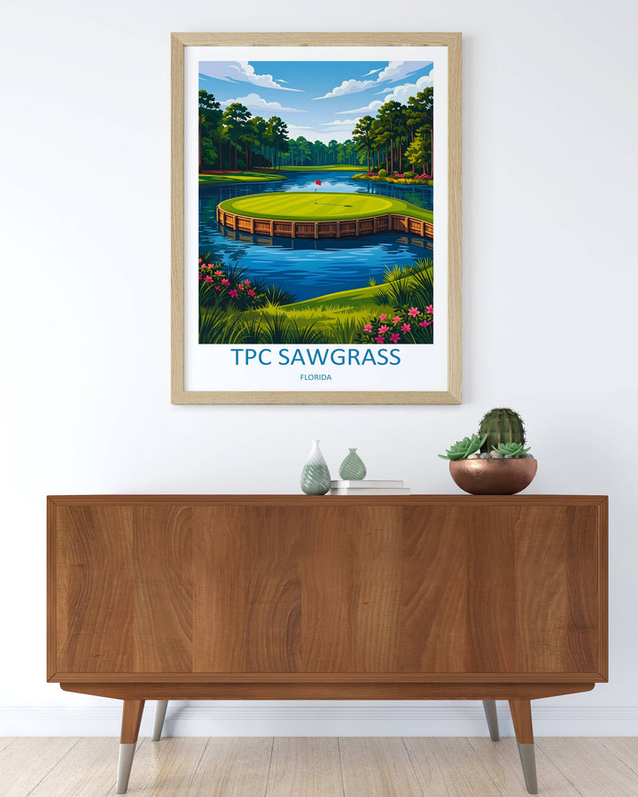 High-end golf gift poster showcasing the 17th hole island green at Ponte Vedra Beach, framed beautifully with a wide white border block and minimal typography text for modern homes.