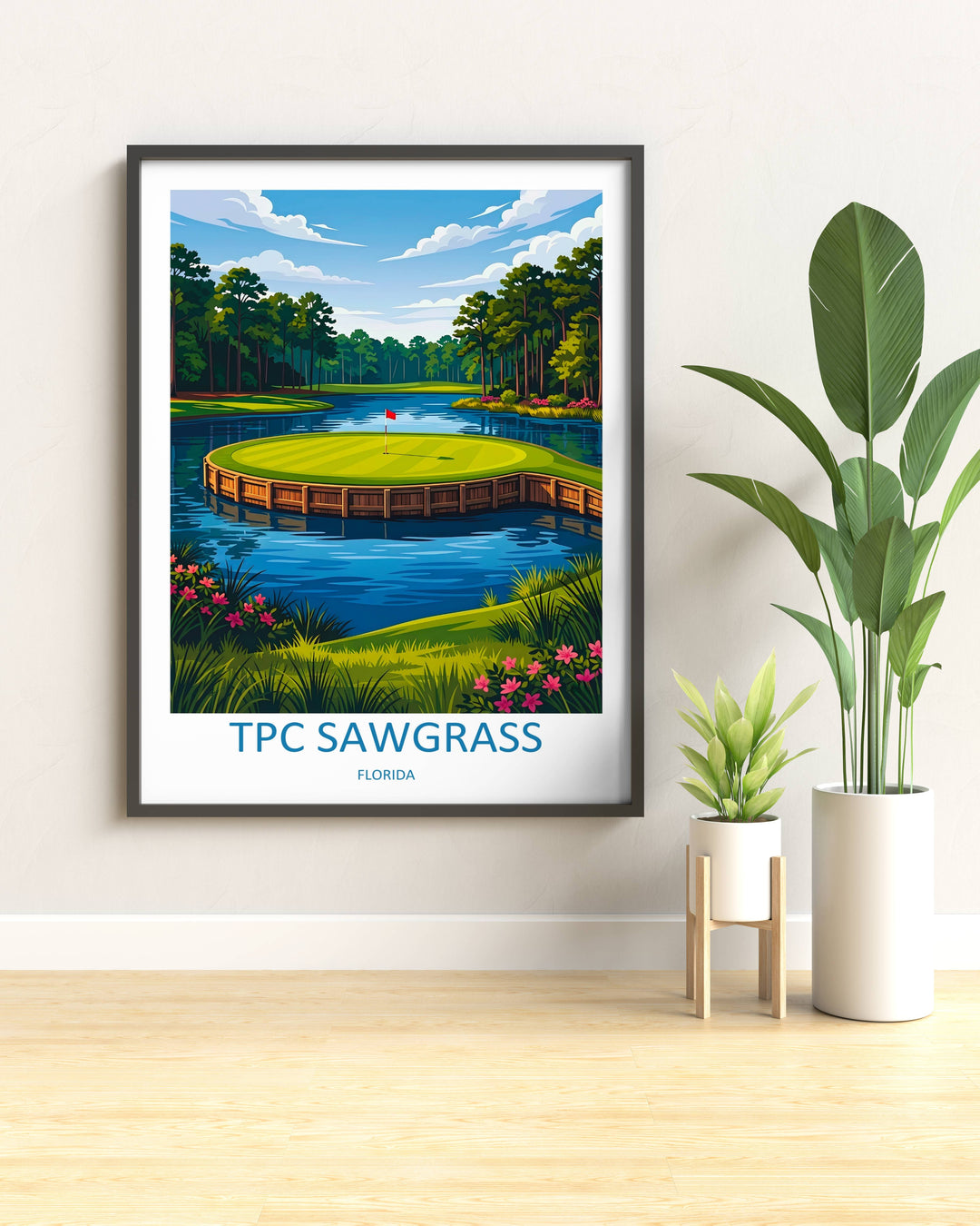 Contemporary graphic print honoring the historic island green, displaying high-definition tree lines, a red flagstick shadow, available as a ready to hang canvas for design-conscious buyers.