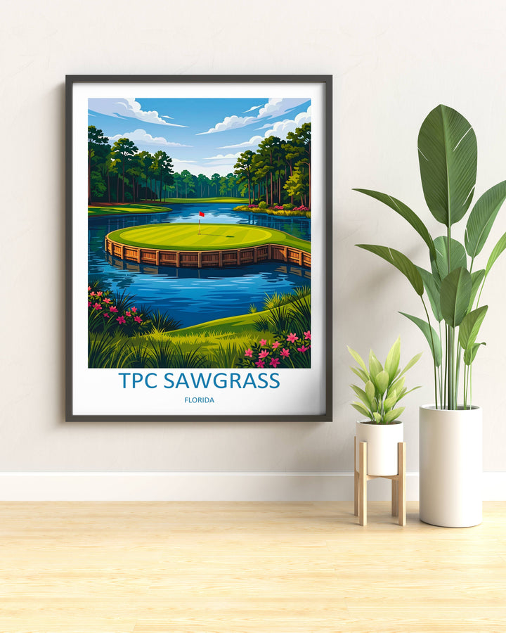 Contemporary graphic print honoring the historic island green, displaying high-definition tree lines, a red flagstick shadow, available as a ready to hang canvas for design-conscious buyers.