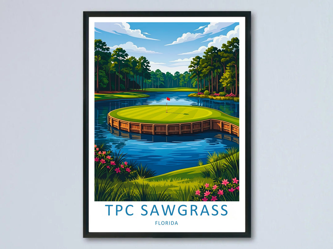 Minimalist vector TPC Sawgrass art print featuring the iconic 17th island green, surrounded by blue lake water and towering pine trees, showcased in a black frame against a clean wall.