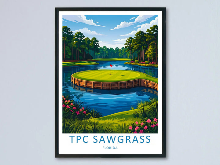 Minimalist vector TPC Sawgrass art print featuring the iconic 17th island green, surrounded by blue lake water and towering pine trees, showcased in a black frame against a clean wall.