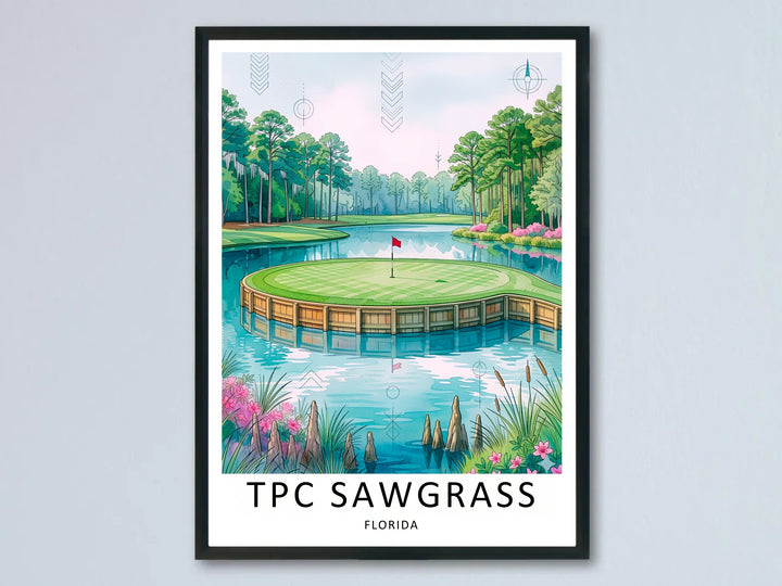 Watercolor TPC Sawgrass 17th island green travel poster showing the iconic par-3 green surrounded by water, red flag, and Florida pines, framed as Ponte Vedra Beach golf wall art.