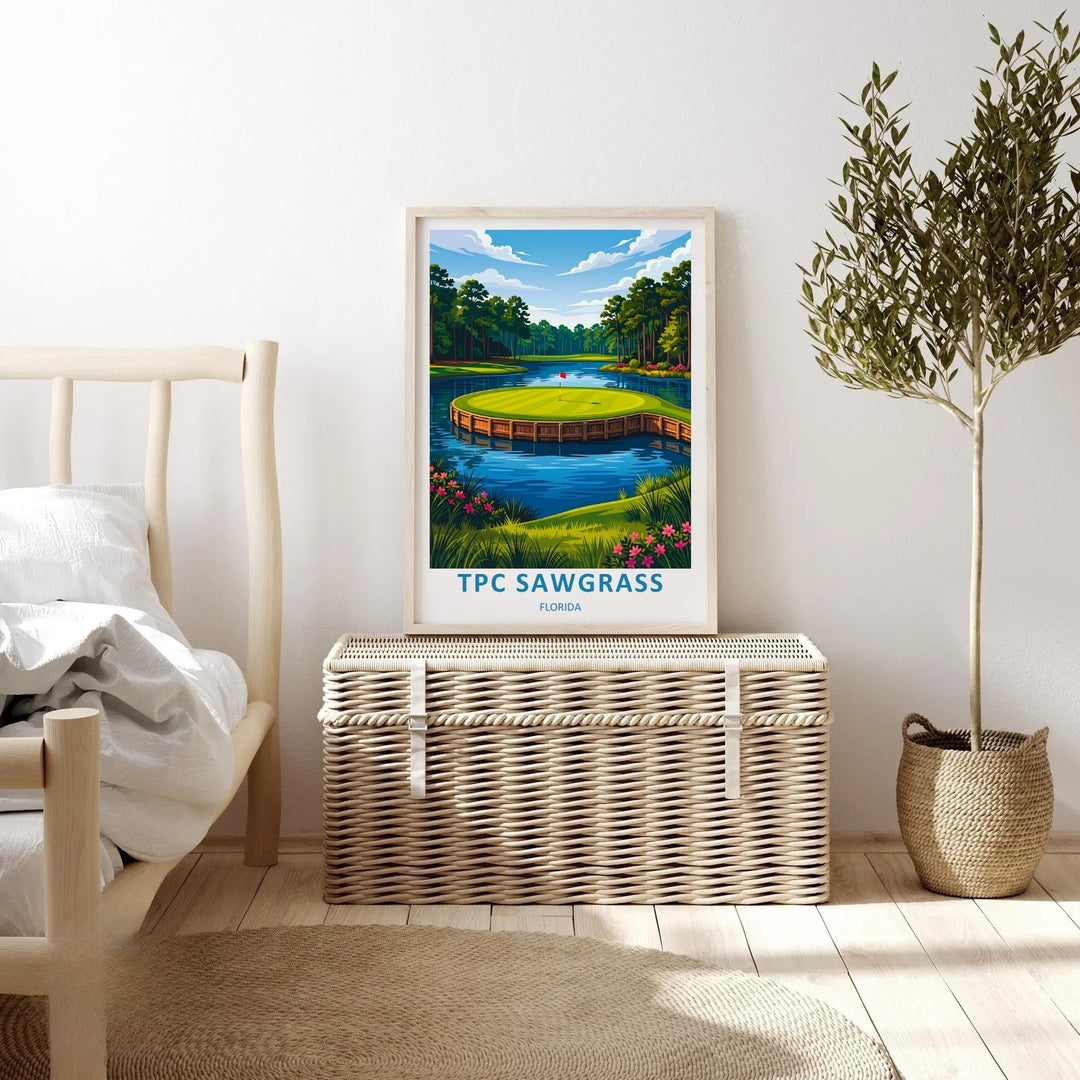 Elegant country club wall art illustrating the world-famous island green fairway with rich forest green pine trees, a red pin flag, and a beautifully layered sky in a black wooden frame.