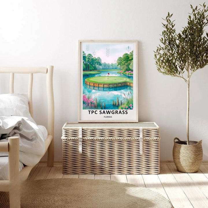 Modern watercolor golf print of the TPC Sawgrass island green, framed in white on a light gray wall, blending fine art and sports memorabilia for stylish Ponte Vedra Beach home decor.