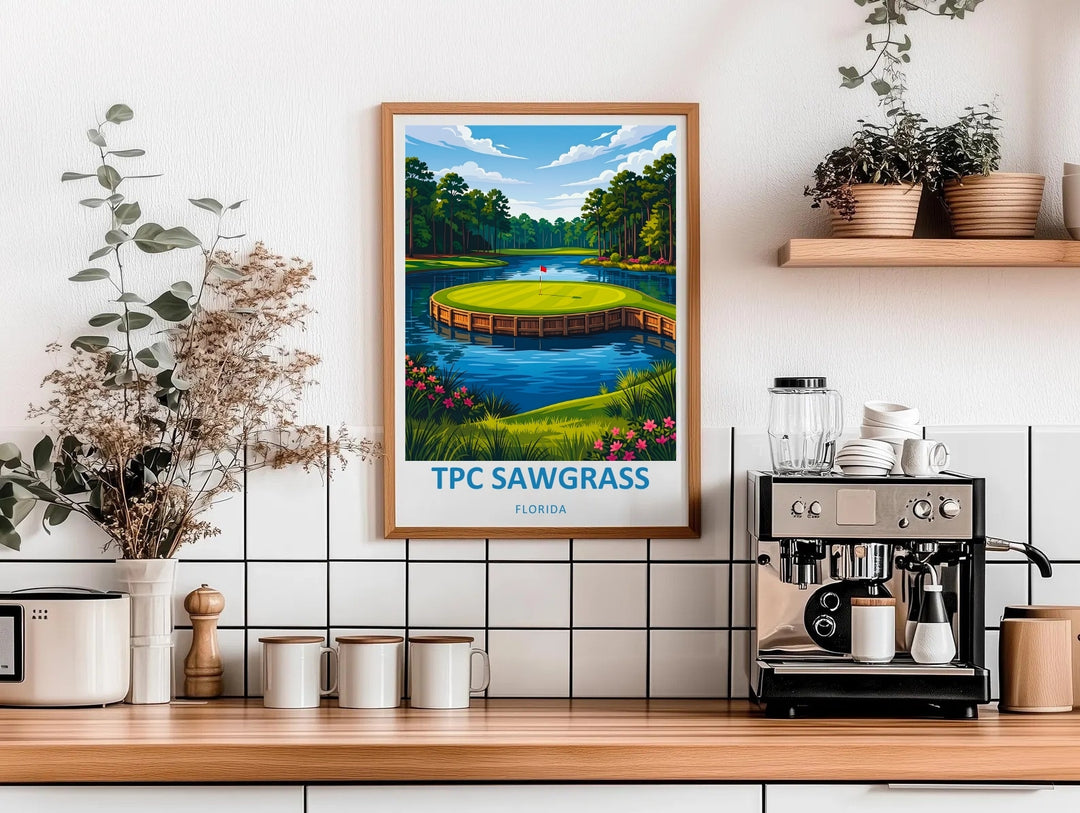 Minimalist sports landscape graphic print of TPC Sawgrass Florida, capturing a calm daytime view of the water hazard and putting green using trend-forward transitional decor color palettes.