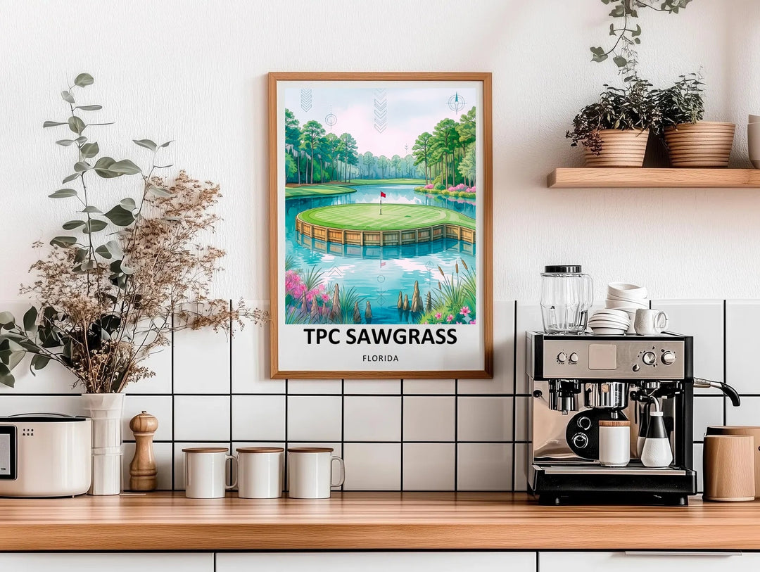 Premium TPC Sawgrass travel poster showing the iconic 17th island green and red pin against soft pastel sky, designed as archival golf wall art for golfers, dads, and design lovers.