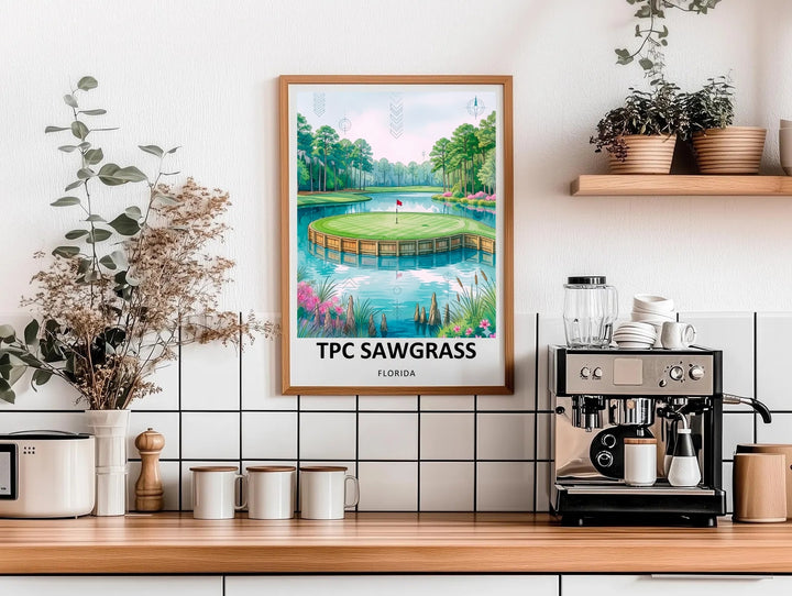 Premium TPC Sawgrass travel poster showing the iconic 17th island green and red pin against soft pastel sky, designed as archival golf wall art for golfers, dads, and design lovers.