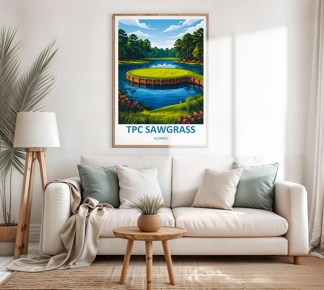 Retrospective vector golf illustration of the 17th green at Sawgrass, focusing on detailed wood textures along the island wall, vibrant pink azaleas, and smooth water gradients.