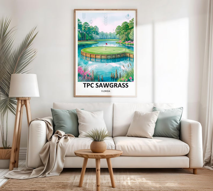 Watercolor illustration of the TPC Sawgrass island green par-3, with subtle compass and line work in vintage poster style, a refined golf course print for offices and gallery walls.
