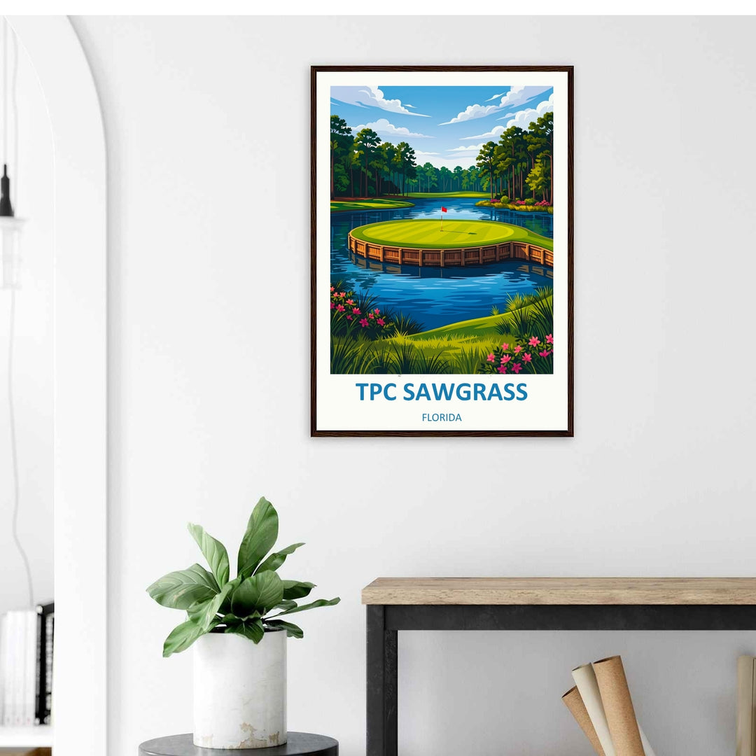 Premium framed golf poster by MapYourDreams, depicting the scenic 17th hole landscape with heavy-duty archive ink, deep blue lake tones, and clean editorial typography accents below.