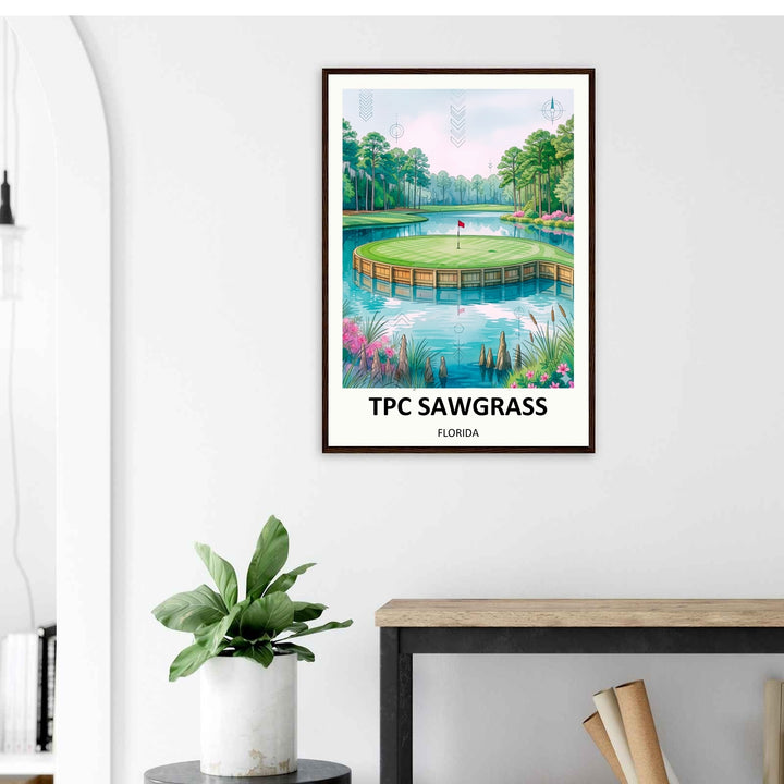 TPC Sawgrass Ponte Vedra Beach Florida golf print depicting the legendary island green from THE PLAYERS Championship, framed wall art ideal as a retirement or birthday gift for golfers.