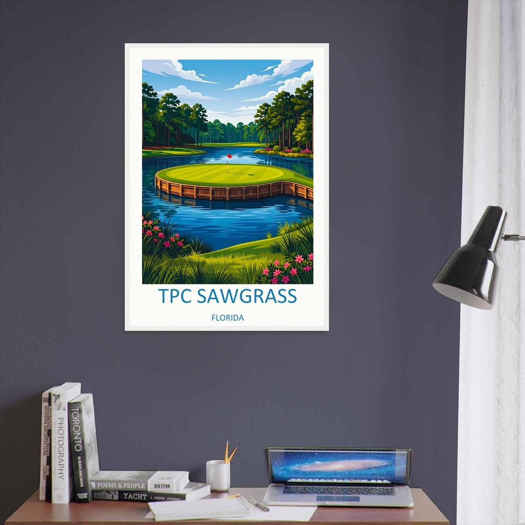 Graphic travel poster of TPC Sawgrass 17th hole with clean typography at the base, displaying a vibrant green putting green, wood retaining wall, and smooth blue water on premium matte paper.