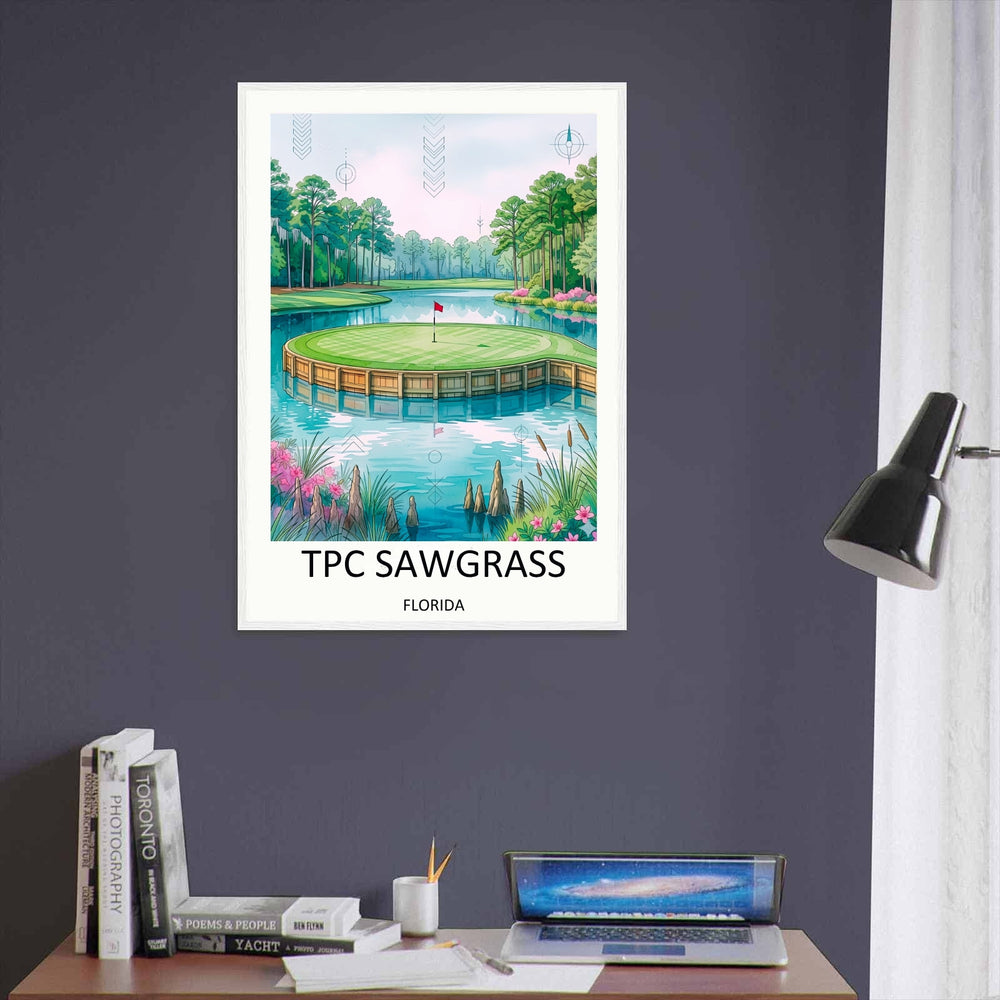 TPC Sawgrass 17th hole island green print in soft watercolor, featuring the wooden bulkhead, manicured green, and red pin flag, ideal Florida golf wall art for a home office or den.