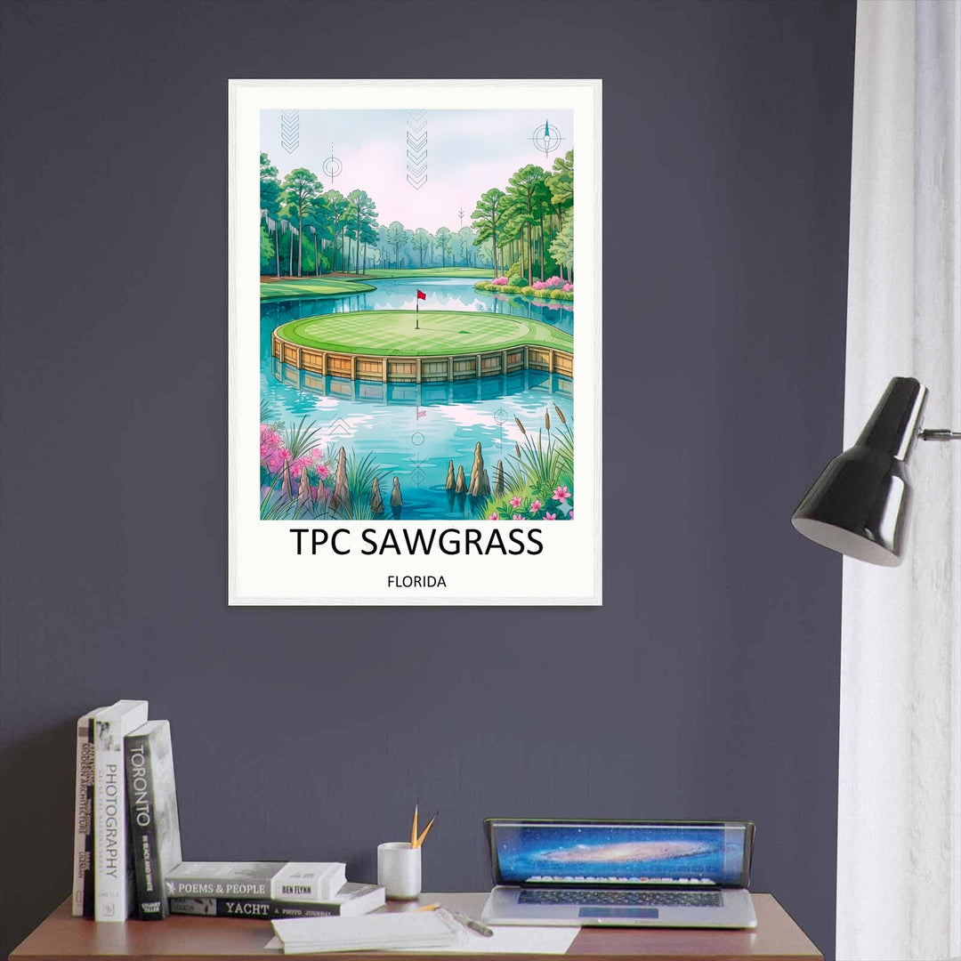 TPC Sawgrass 17th hole island green print in soft watercolor, featuring the wooden bulkhead, manicured green, and red pin flag, ideal Florida golf wall art for a home office or den.