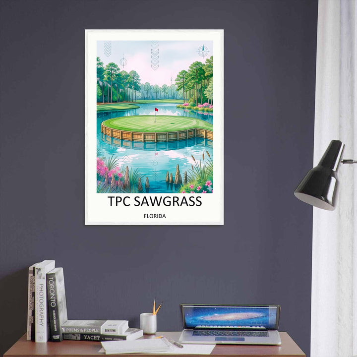 TPC Sawgrass 17th hole island green print in soft watercolor, featuring the wooden bulkhead, manicured green, and red pin flag, ideal Florida golf wall art for a home office or den.