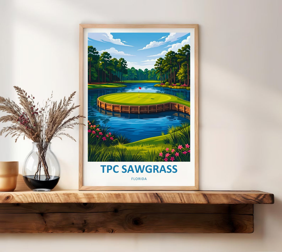 Sophisticated bedroom or lounge wall decor featuring a crisp vector design of the TPC Sawgrass course on textured canvas, utilizing natural tones and an upscale gallery presentation.