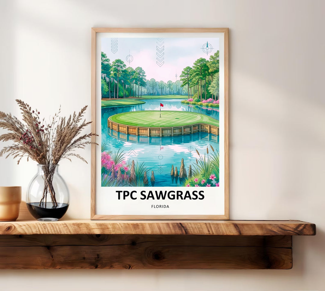 Soft sage and blue watercolor poster of the TPC Sawgrass 17th green, surrounded by reflective water and lush Florida pines, neutral-toned golf wall art for modern or traditional interiors.