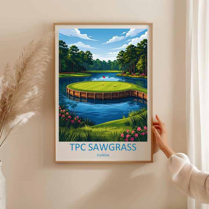 Luxury golf wall decor displaying a serene Florida golf course layout illustration, featuring sharp vector clouds, deep blue water reflections, and blooming pink flowers in the foreground.