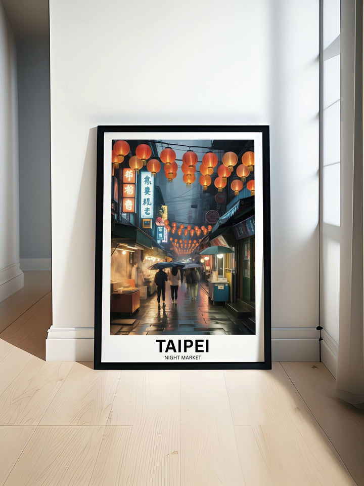 Asian lantern street wall art featuring a rainy night market scene with red lanterns overhead pedestrians walking through a glowing alley inspired by Taipei Taiwan