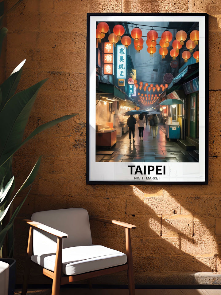 Asian lantern street wall art featuring a rainy night market scene with red lanterns overhead pedestrians walking through a glowing alley inspired by Taipei Taiwan